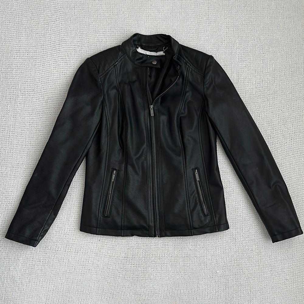 NWOT Dennis Basso Faux Leather Moto Jacket Black Size XS
